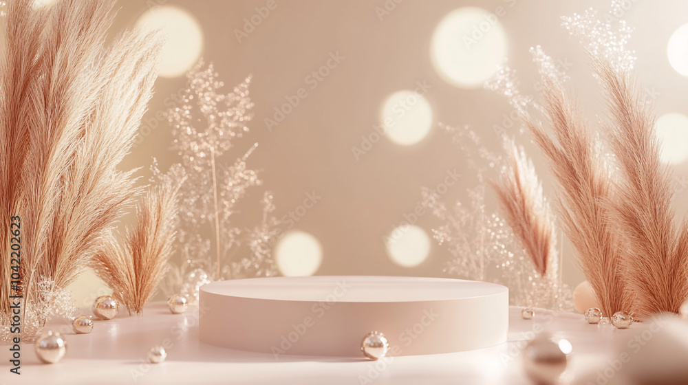 Minimalist Product Display with Pampas Grass and Bokeh Lights Minimalist Product Display with Pampas Grass and Bokeh Lights