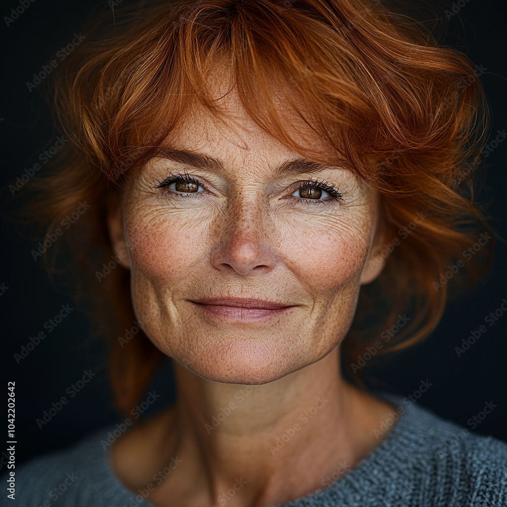A confident woman with vibrant red hair and striking freckles smiles warmly, showcasing her natural beauty and wisdom. Her expressive eyes reflect life well lived and joyful spirit A confident woman with vibrant red hair and striking freckles smiles warmly, showcasing her natural beauty and wisdom. Her expressive eyes reflect life well lived and joyful spirit