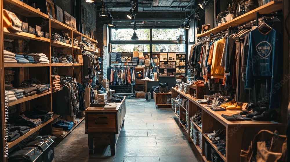 Fototapeta premium Cozy and stylish clothing store interior with wooden shelves