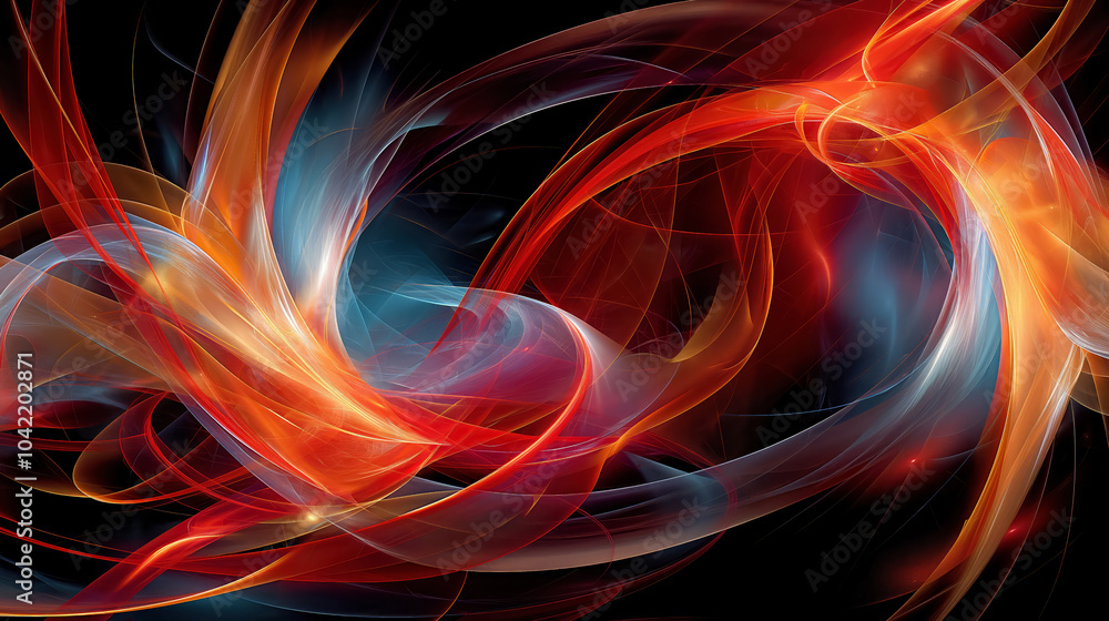 Vibrant abstract swirls: dynamic red, blue, and orange light streams on a black background Vibrant abstract swirls: dynamic red, blue, and orange light streams on a black background