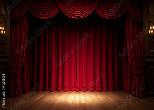 ic theater stage with red velvet curtains, wooden floor, and spotlight in the center, illuminated by dim lighting, empty seats in the background.