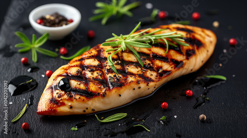 Grilled chicken breast with herbs and balsamic glaze on slate plate photo