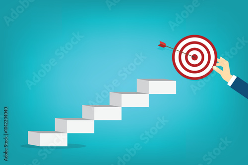 Goal, motivation to success. Business improvement concept. Climb up stairs to reach goal target on the top.