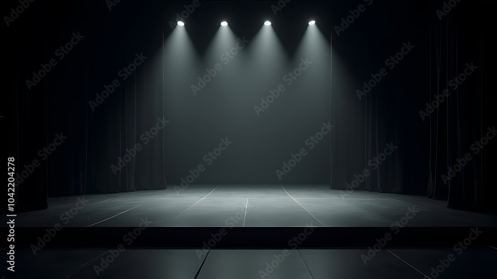 Obraz premium modern theater stage with sleek black flooring, minimalistic backdrop, and soft white lighting illuminating the stage, creating a moody ambiance.