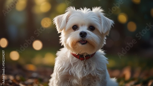 A small white dog with brown eyes sits in a grassy area, looking directly at the camera with its tongue sticking out.