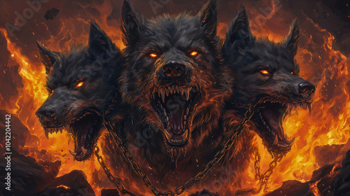 Cerberus, the hellhound or guardian of the underworld in Greek mythology, is a fearsome three-headed dog known for his immense power. He watches over the gates of the underworld. photo