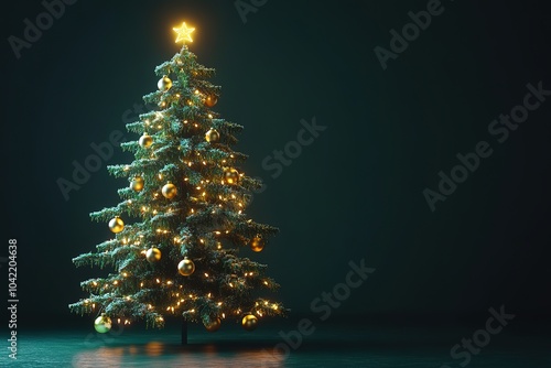 Illuminated Christmas tree with golden ornaments on dark