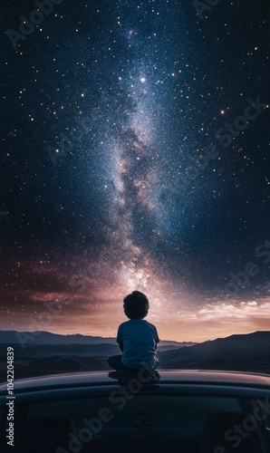 A child watches the Milky Way from a car.