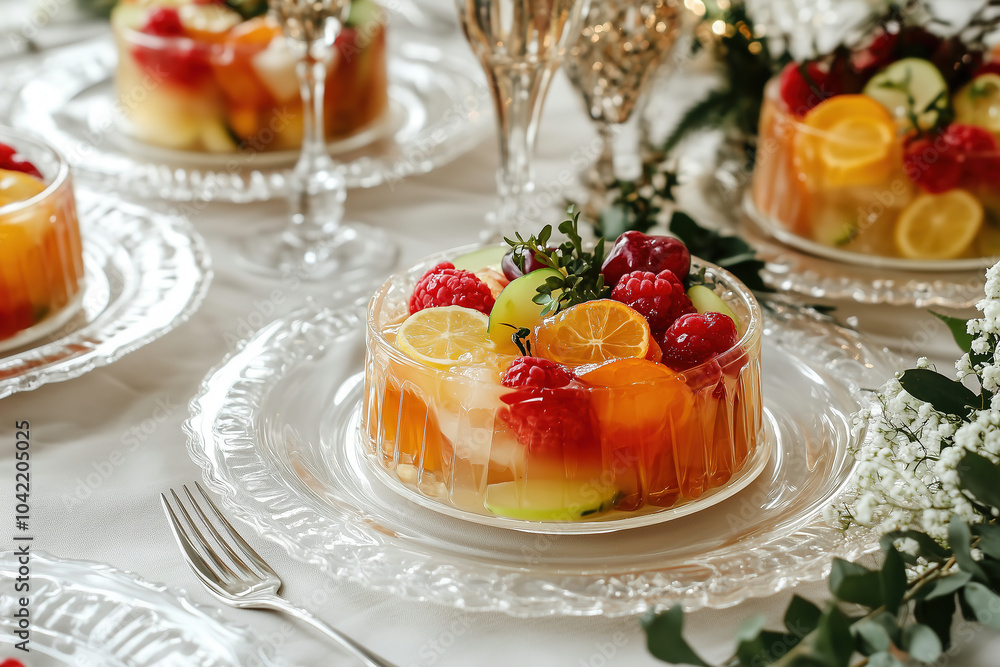Colorful fruit gelatin dessert elegantly served on a dining table with vintage glassware and floral decorations. Generative AI Colorful fruit gelatin dessert elegantly served on a dining table with vintage glassware and floral decorations. Generative AI