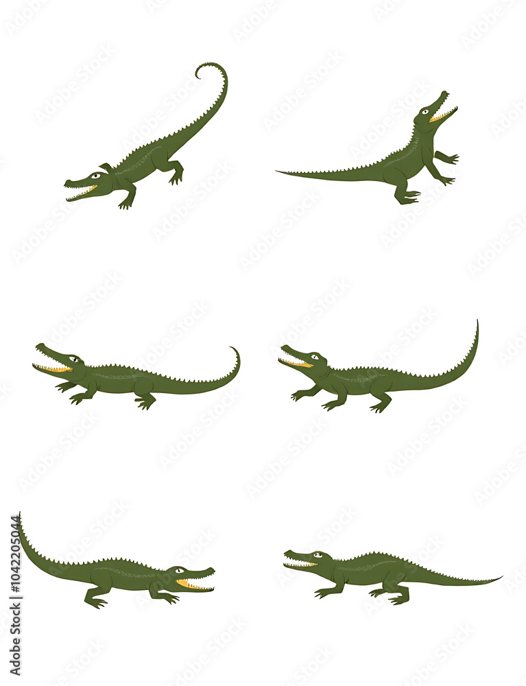 Fototapeta premium ocodiles on a white background in different positions- one swimming, one with mouth open, one lying down, one standing, one playing, one hunting.