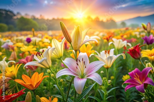 Reflected lily flowers on colorful wild flower field with natural sunlight background scene #1042205288