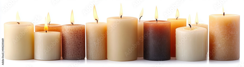 Set of pillar candles with flames illuminated, cut out Set of pillar candles with flames illuminated, cut out