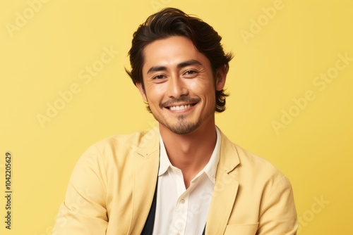 Portrait of handsome young man smiling and looking at camera over yellow background