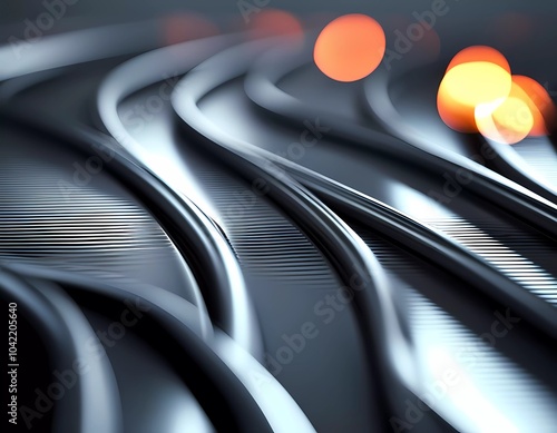 Fluid smooth lines intertwining on a deep black background, enriched by vibrant colors and a captivating bokeh effect draws attention. Dynamic light traces in grey, golden and yellow. Generative AI