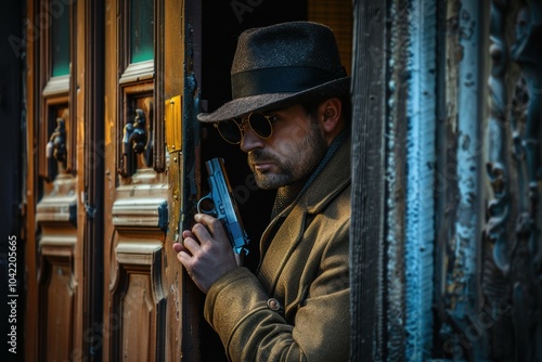 Mysterious man in black suit with hidden face, spying through a shadowy alley