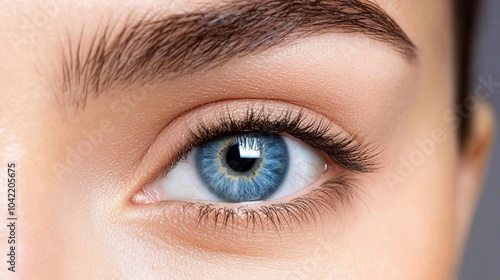 Close-up of a woman's blue eye with long eyelashes.