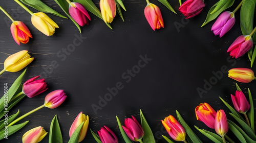  spring colorful tulips frame on black dark background, 32k, full ultra hd, high resolution photo