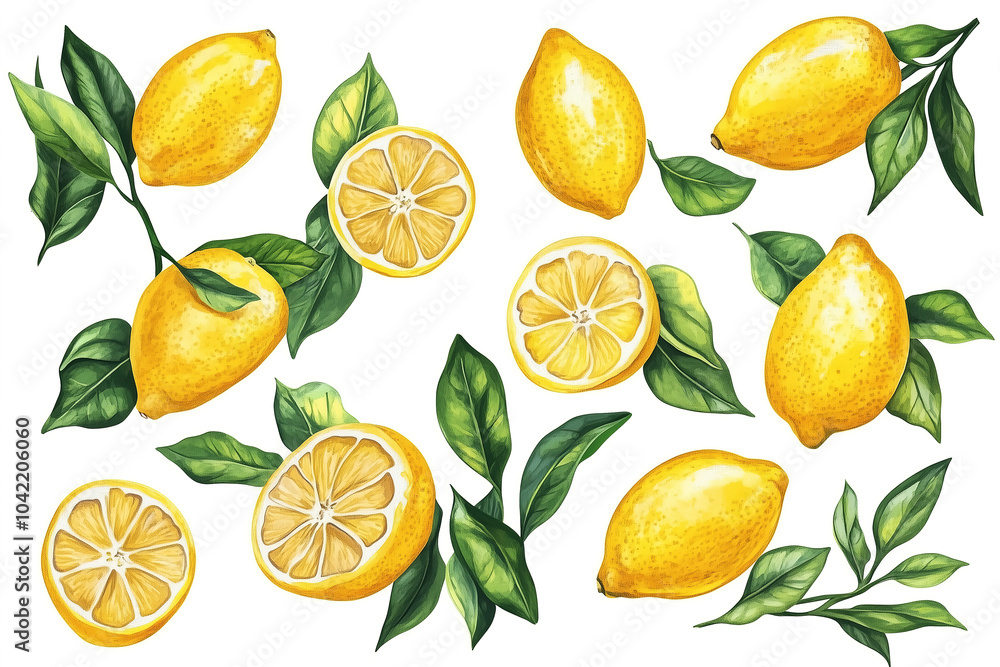 Lemons of various sizes and shapes are surrounded by bright green leaves on a white surface, emphasizing their freshness and vibrant color Lemons of various sizes and shapes are surrounded by bright green leaves on a white surface, emphasizing their freshness and vibrant color