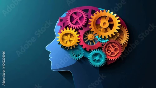 Human head profile with colorful gears working inside brain, symbolizing thinking process, creativity and intelligence