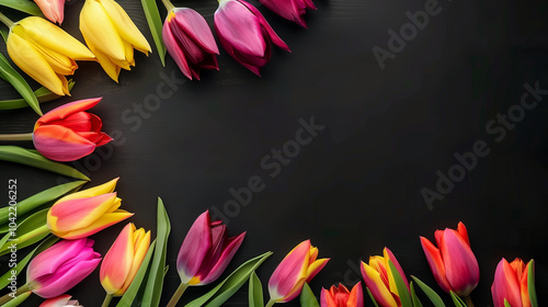  spring colorful tulips frame on black dark background ,all colourful tulip is present on one side, and second side is free for text to copy,32k, full ultra hd, high resolution photo