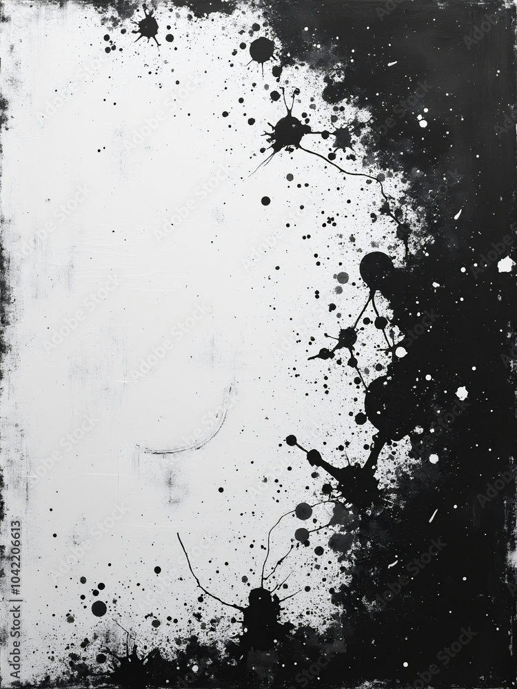 A monochromatic composition features sporadic black splatters and specks against a muted gray background, creating an abstract aesthetic A monochromatic composition features sporadic black splatters and specks against a muted gray background, creating an abstract aesthetic