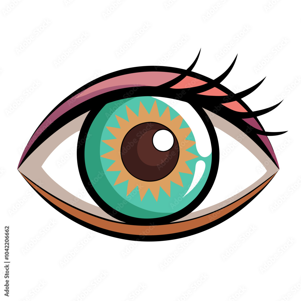 a stylized illustration of an eye. The eye has a vibrant green iris with a brown center, resembling a sunburst pattern. The eyelid is shaded in pink and purple tones, and there are several long a stylized illustration of an eye. The eye has a vibrant green iris with a brown center, resembling a sunburst pattern. The eyelid is shaded in pink and purple tones, and there are several long