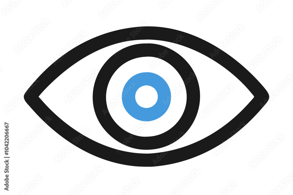 a simple graphic representation of an eye. It consists of a black outline of an eye shape with a blue circle in the center, surrounded by a black ring a simple graphic representation of an eye. It consists of a black outline of an eye shape with a blue circle in the center, surrounded by a black ring