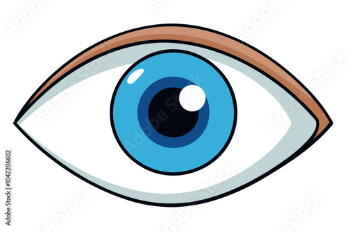 a cartoon-style illustration of an eye. It features a blue iris with a black pupil in the center. The eye is outlined in black, and there is a brown line above it, representing an eyebrow