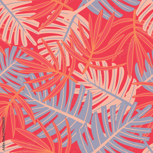 Seamless pattern with hand-drawn tropical plants in bright colors