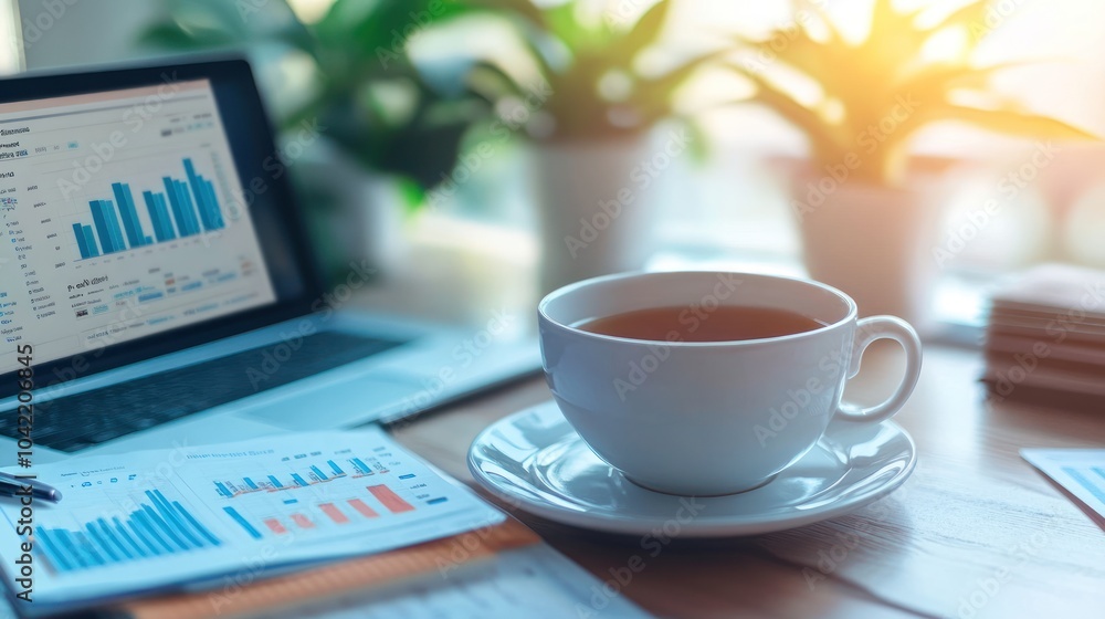 A white coffee cup with a saucer sits on a wooden table next to a laptop displaying a graph and other reports. A white coffee cup with a saucer sits on a wooden table next to a laptop displaying a graph and other reports.