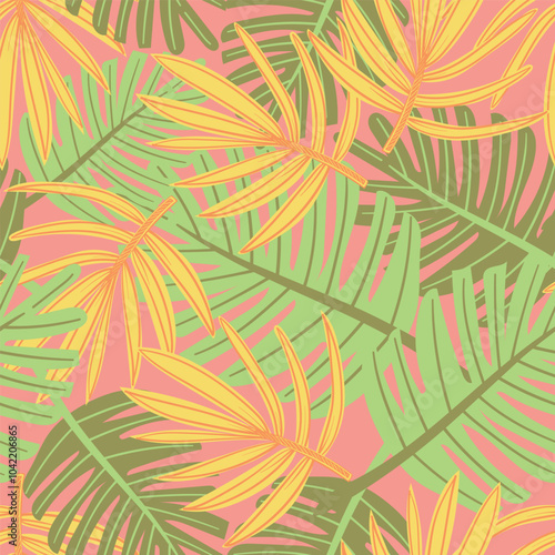 Seamless pattern with hand-drawn tropical plants in bright colors