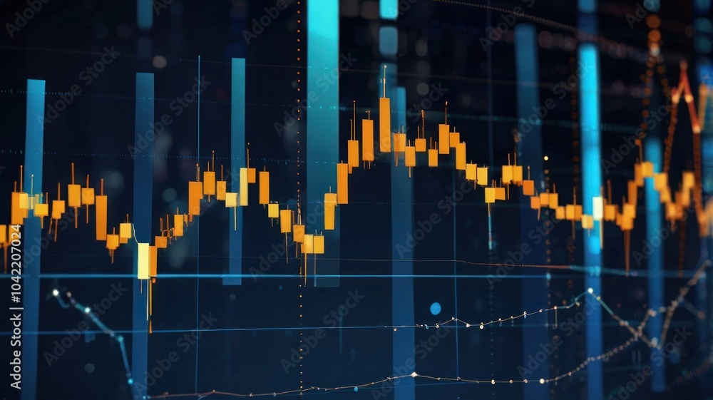 Abstract financial chart with rising and falling data, with a dark background and bokeh effect. Abstract financial chart with rising and falling data, with a dark background and bokeh effect.