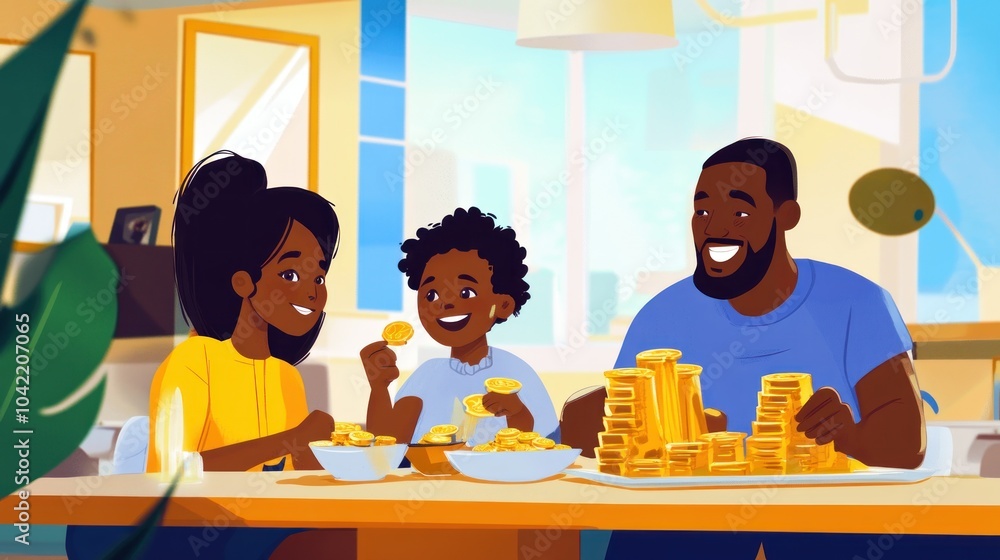A happy African-American family enjoys a meal together at their dining table.
