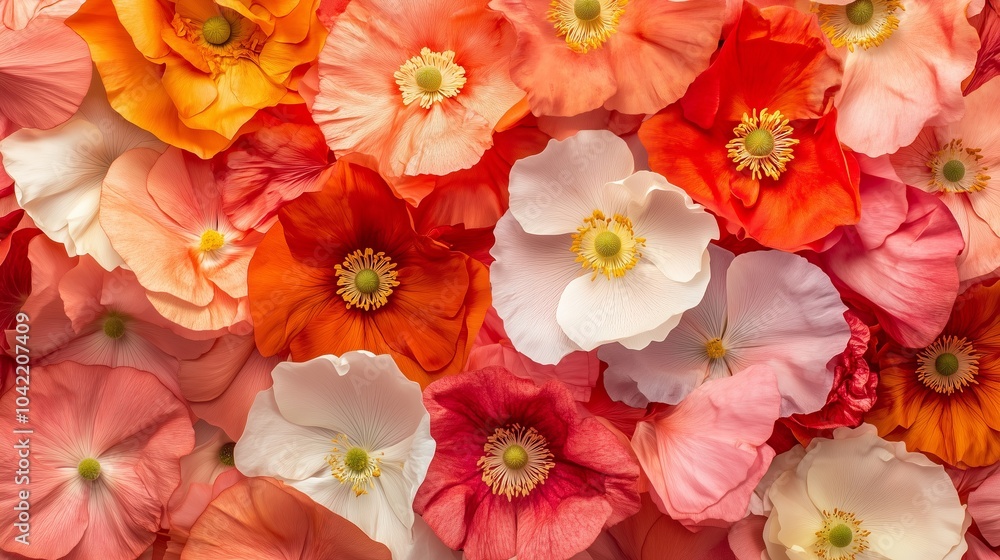 Fototapeta premium Vibrant Poppy Flower Arrangement in Shades of Orange, Pink, and White, Perfect for Floral Art, Nature-Inspired Decor, and Botanical Photography