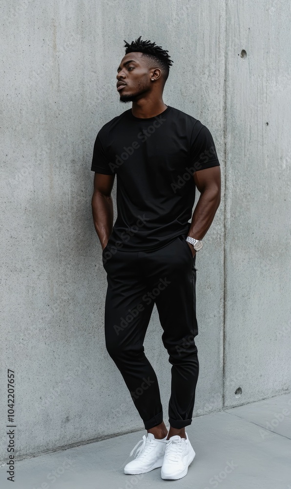 Man in black clothes standing by a concrete wall. Man in black clothes standing by a concrete wall.