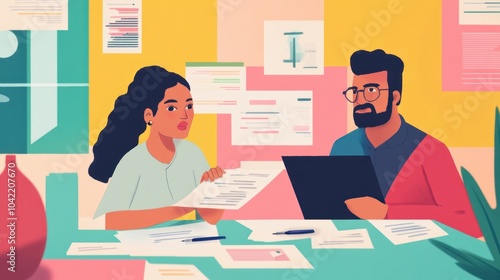 A man and woman are sitting at a table, reviewing papers and collaborating on a project in an office setting.