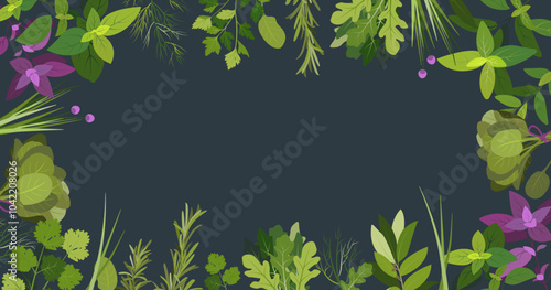 Spices and herbs banner. Healthy food frame vector illustration. Hand drawn kitchen herbs, cilantro, mint, rosemary, dill, basil, arugula, spinach, leek, basil, parsley. Organic food set for menu.
