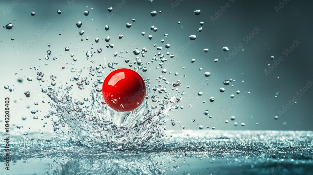 Red ball splashing into water with droplets Red ball splashing into water with droplets