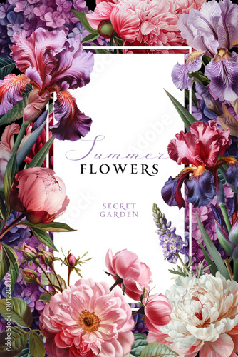 Vintage vector illustration with garden flowers on a changeable background. Floral design template for wedding invitation, greeting card, notebook cover, flyer or banner.