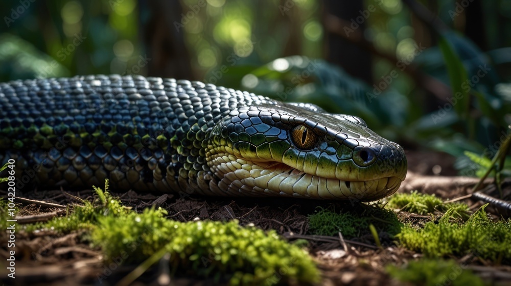 A close-up of a black snake with a yellow eye, lying on a mossy forest floor, with green vegetation in the background. A close-up of a black snake with a yellow eye, lying on a mossy forest floor, with green vegetation in the background.