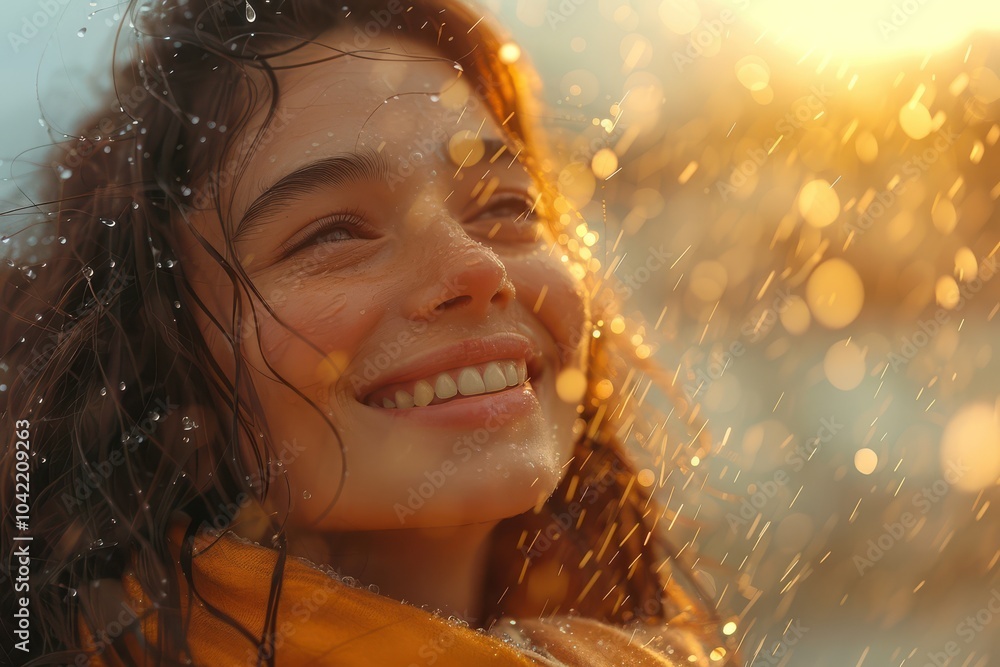 Joyful woman smiling under autumn rain, with falling leaves and golden bokeh in the background. Free copy space for banner. Joyful woman smiling under autumn rain, with falling leaves and golden bokeh in the background. Free copy space for banner.