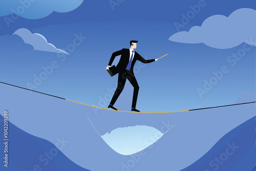 A businessman walks a tightrope over a large gap in a blue landscape.