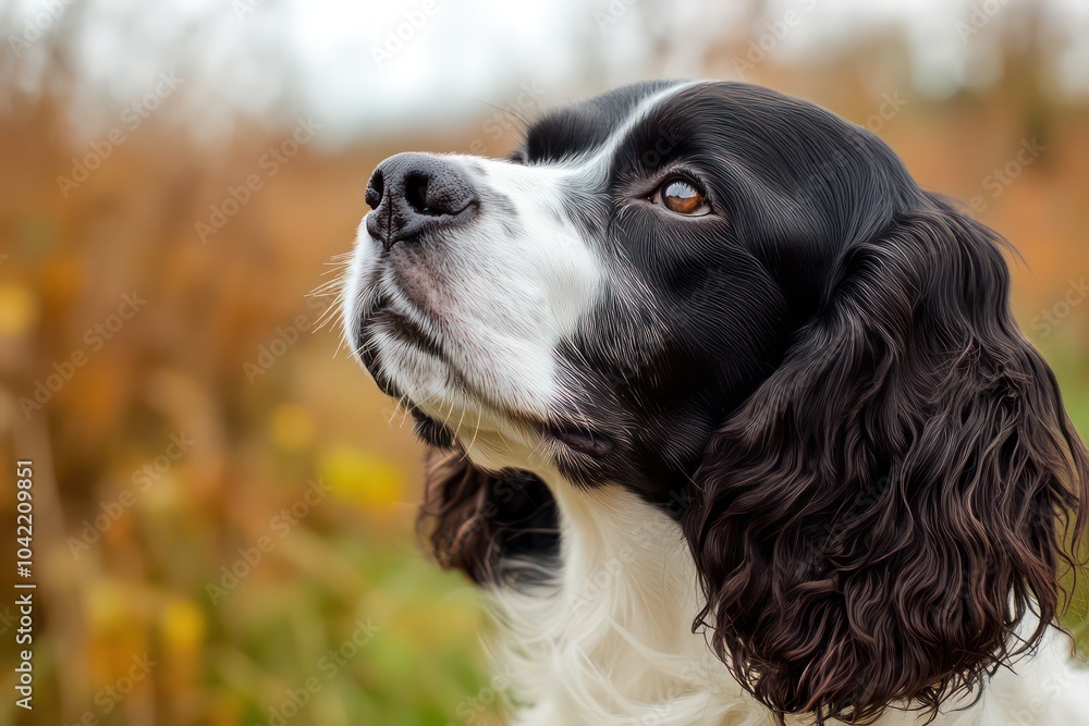 a photo portrait of a black and white spaniel with long ears slighty sideways face, the direction he is looking is as if he was looking above mi right shoulder