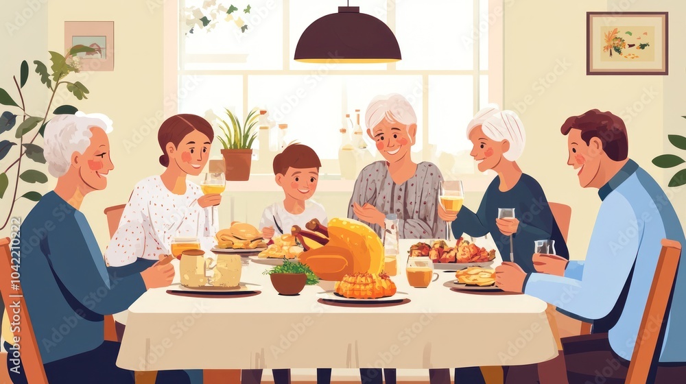 A family of six is gathered around a dining table, enjoying a meal together. The table is set with a white tablecloth, and there are plates of food, glasses of wine, and flowers. A family of six is gathered around a dining table, enjoying a meal together. The table is set with a white tablecloth, and there are plates of food, glasses of wine, and flowers.