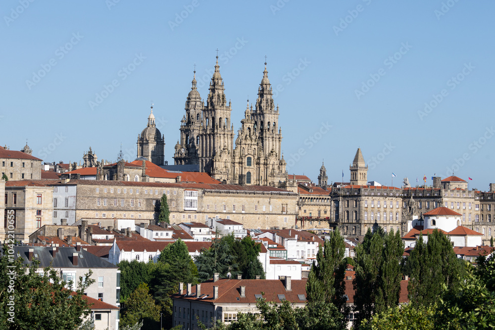 Panoramic view of Santiago de Compostela old town and its majestic cathedral on a bright day of summer Panoramic view of Santiago de Compostela old town and its majestic cathedral on a bright day of summer