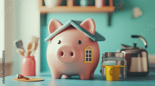 Pink piggy bank with a small house on top sitting on a table in a kitchen.