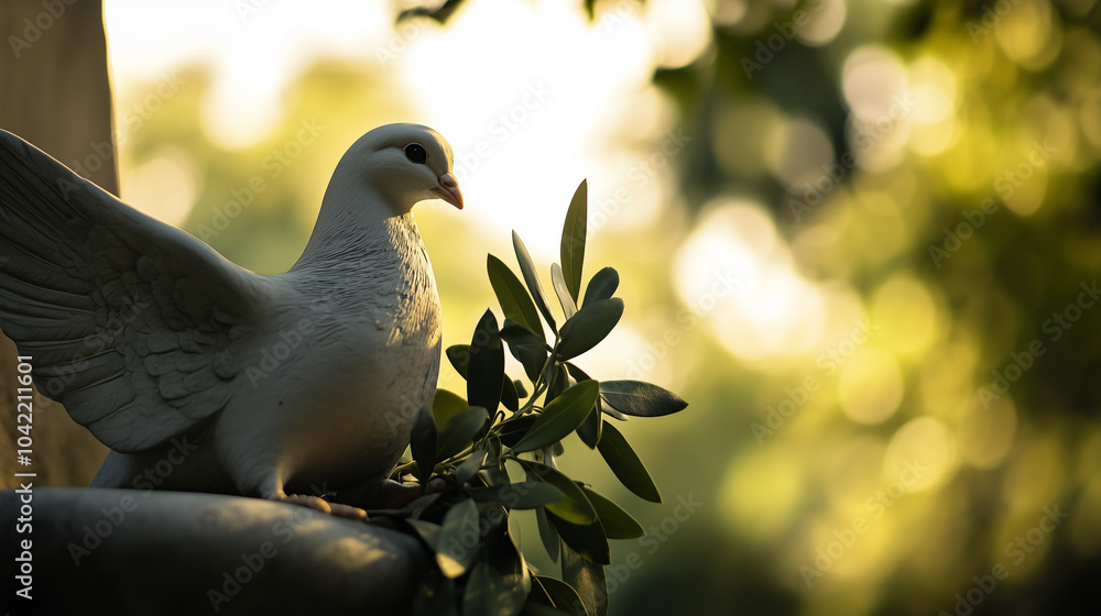 Obraz premium Serene white dove with olive branch perched peacefully against bokeh nature background