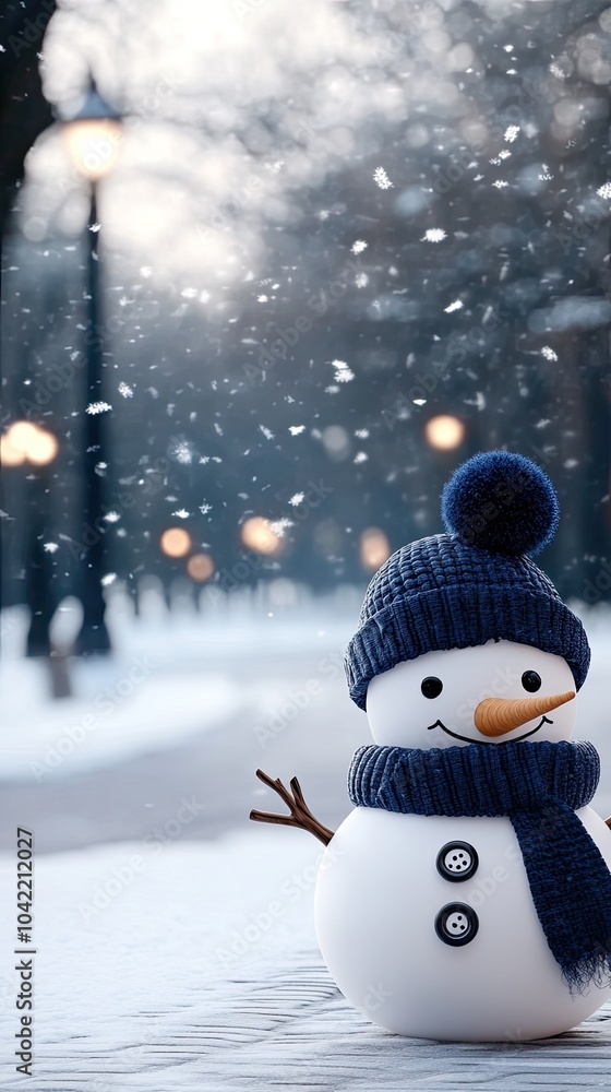 Obraz premium A charming snowman dressed in a blue hat and scarf smiles brightly as snowflakes gently fall around him