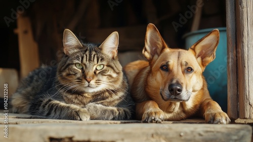 A golden retriever and a ginger cat peacefully resting together on a cozy cou...