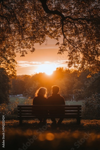 Couple enjoying a sunset while sitting on a bench in a peaceful park during a...